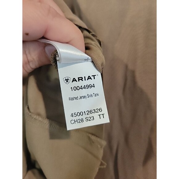 ARIAT Women's‎ S Relaxed Fit Washed Jersey Tank Petrified Oak Ruffle Raw Hem - Picture 5 of 5